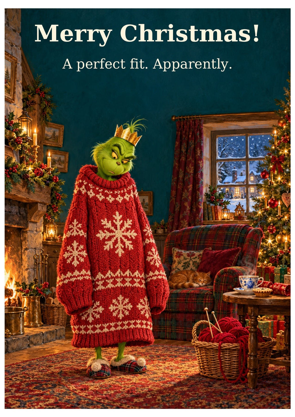 Grinch Christmas jumper card with “Merry Christmas!” and “A perfect fit. Apparently.”