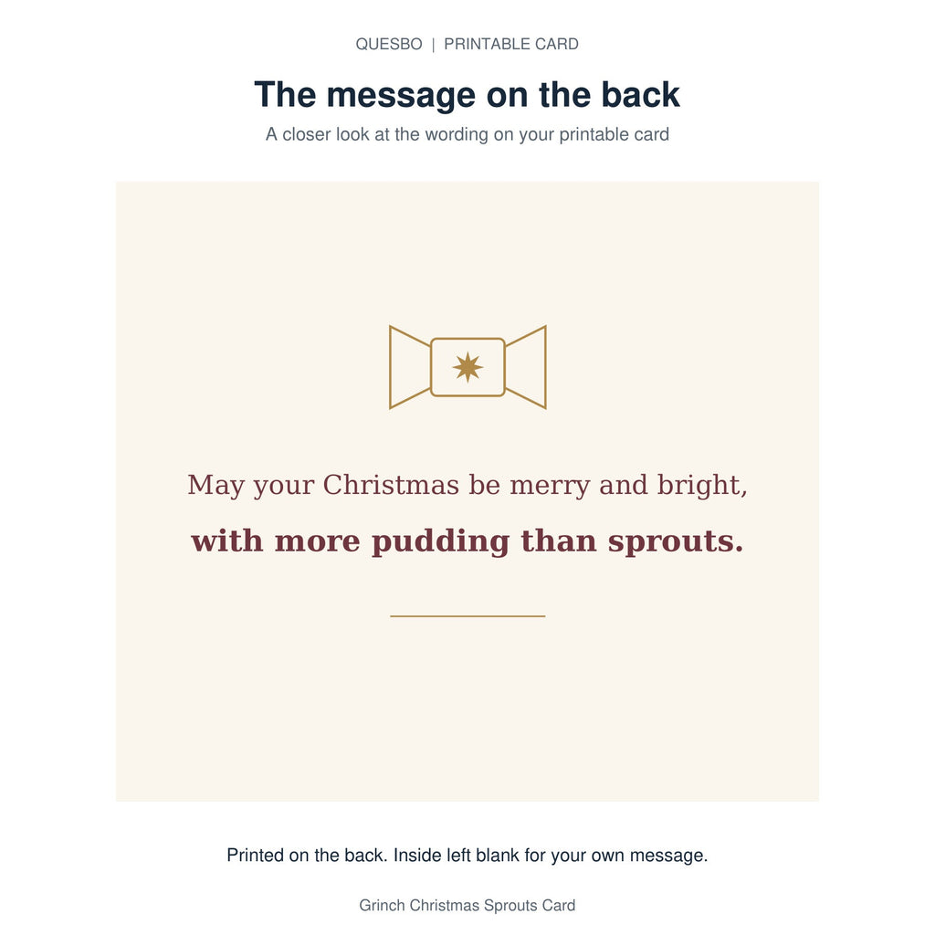 Printed message on the back of the PDF card: May your Christmas be merry and bright, with more pudding than sprouts. The inside is blank for your own handwritten message.