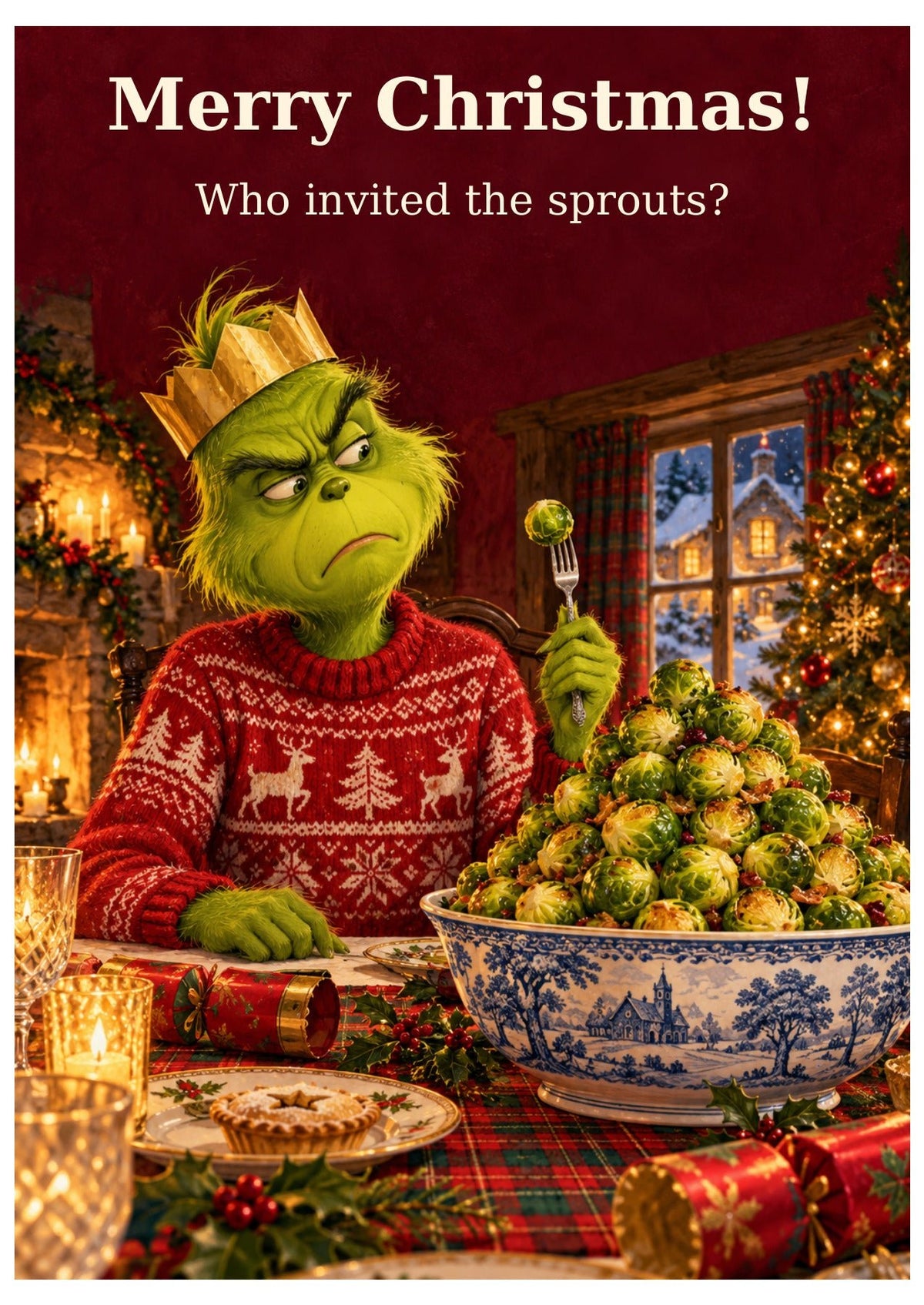 Grinch Christmas sprouts card with “Merry Christmas!” and “Who invited the sprouts?”