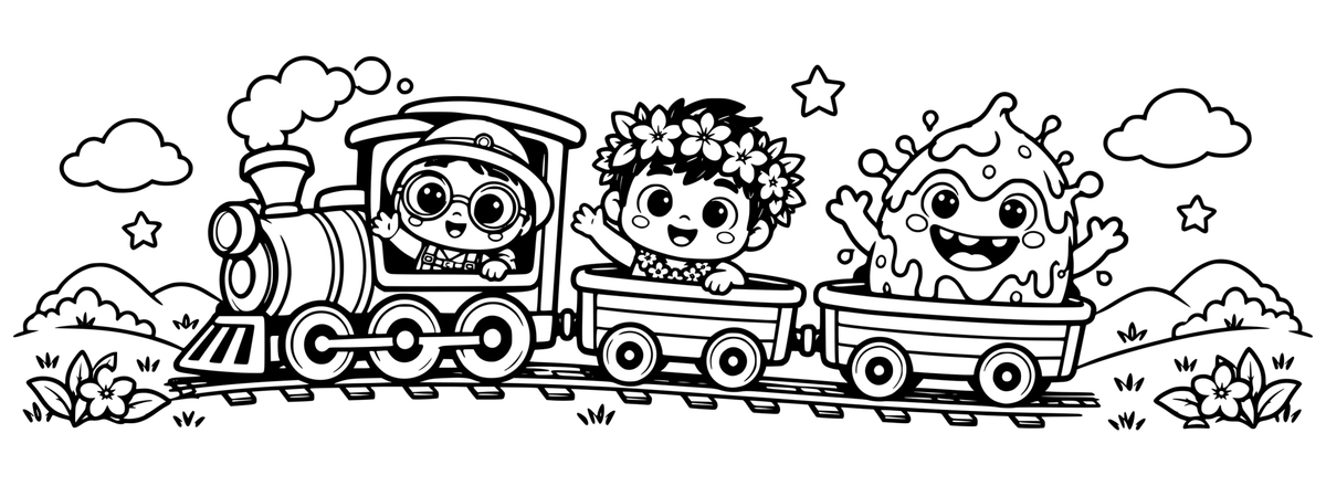 Happy Adventure Express — flat black-and-white 360-degree laser engraving artwork. Three familiar adventure friends ride a toy train through a joyful storybook landscape.