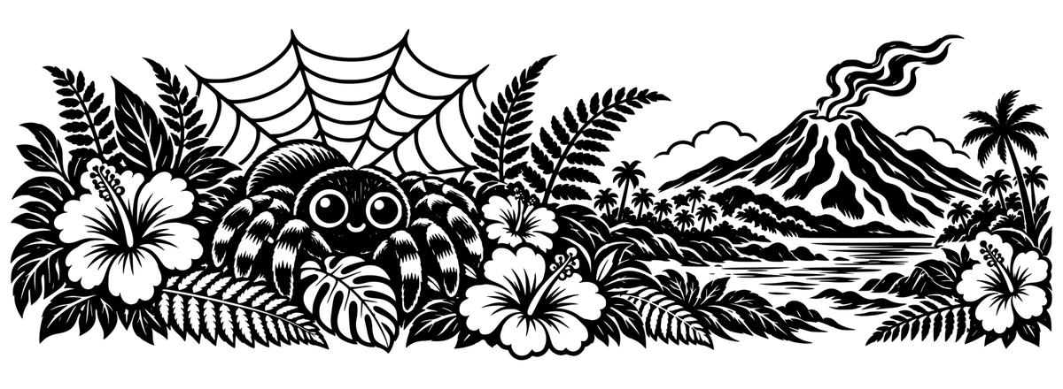 Happy-Face Rainforest black-and-white panoramic engraving design with tropical craft-inspired motifs; design only