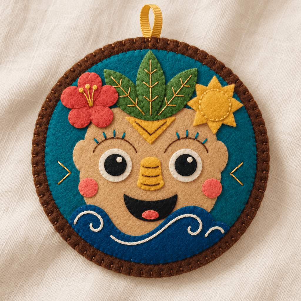 Hawaiian Aloha Heritage Tiki Buddy felt craft: smiling tropical character with a three-leaf crown, red flower, gold sun and blue embroidered waves.