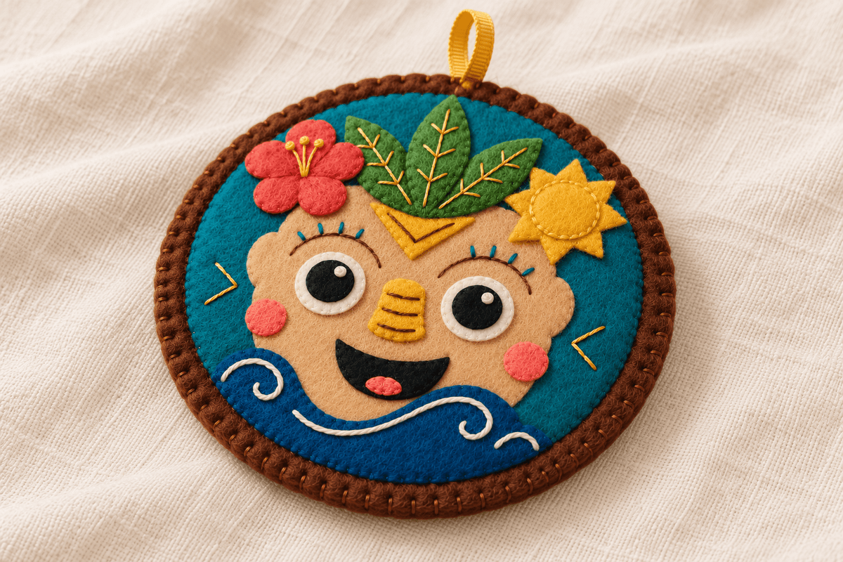 Angled detail of the hand-sewn Tiki Buddy ornament, showing layered felt, embroidered facial highlights, the leaf crown and padded edge.