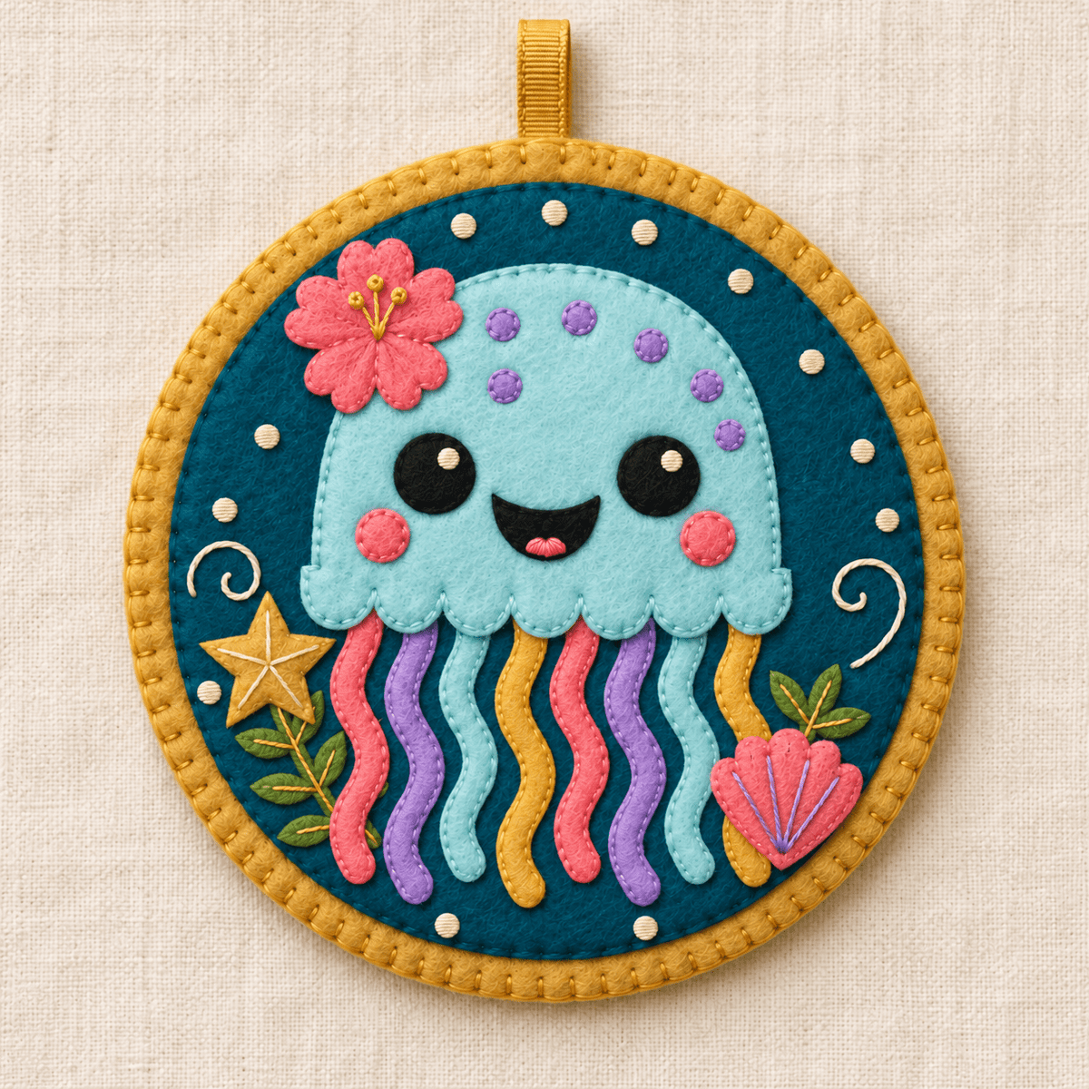 Hawaiian Aloha Jelly Reef Buddy felt ornament with eight colourful tentacles, a scalloped ruffle, a flower, starfish and shell.