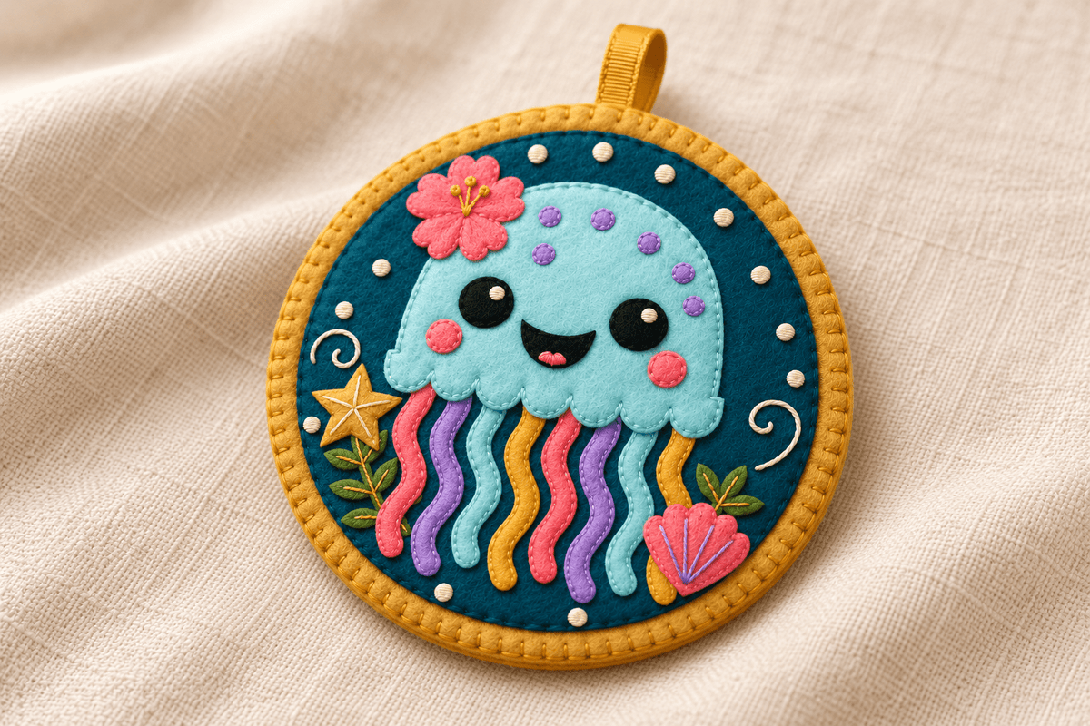 Angled detail of the hand-sewn Jelly Reef Buddy ornament, showing layered felt, embroidered ocean details and a softly padded edge.