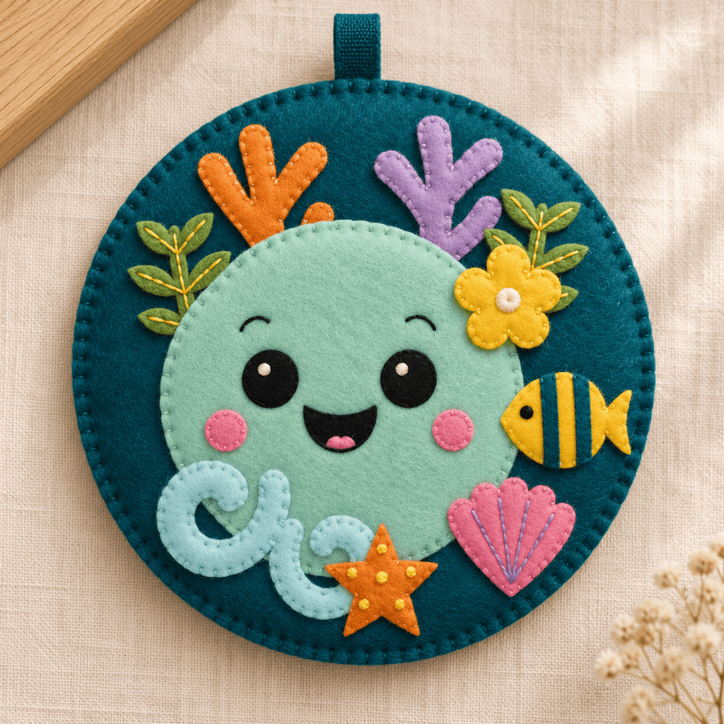 Ocean Reef Buddy felt ornament with a mint smiling face, coral, seaweed, waves, starfish, shell, yellow flower and striped fish.