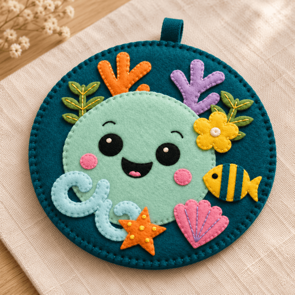 Angled view of the Ocean Reef Buddy felt sewing project showing layered appliqué, embroidered details and a short hanging loop.