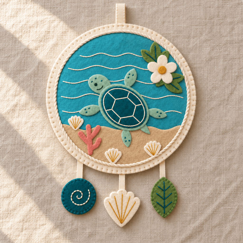 Honu Shell Beach felt ornament with a sea turtle, embroidered waves, sandy beach, cream cord border, flower and three hanging charms.