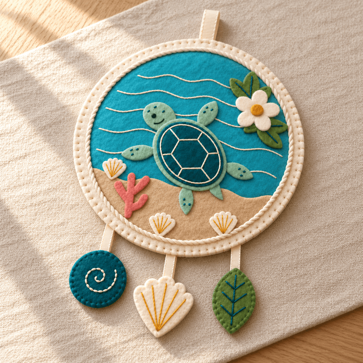 Angled view of the Honu Shell Beach sewing project showing layered felt appliqué, turtle-shell embroidery, cord border and sewn wave, shell and leaf charms.