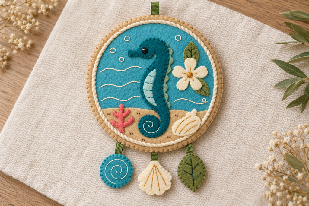 Hand-sewn felt seahorse pendant with turquoise ocean, cream flower, coral, beach shell and three hanging felt charms.