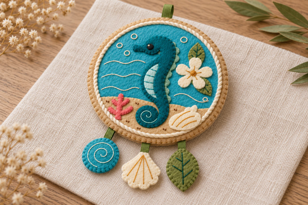 Angled close-up of the felt seahorse pendant showing layered appliqué, hand embroidery, cord border and reinforced hanging charms.