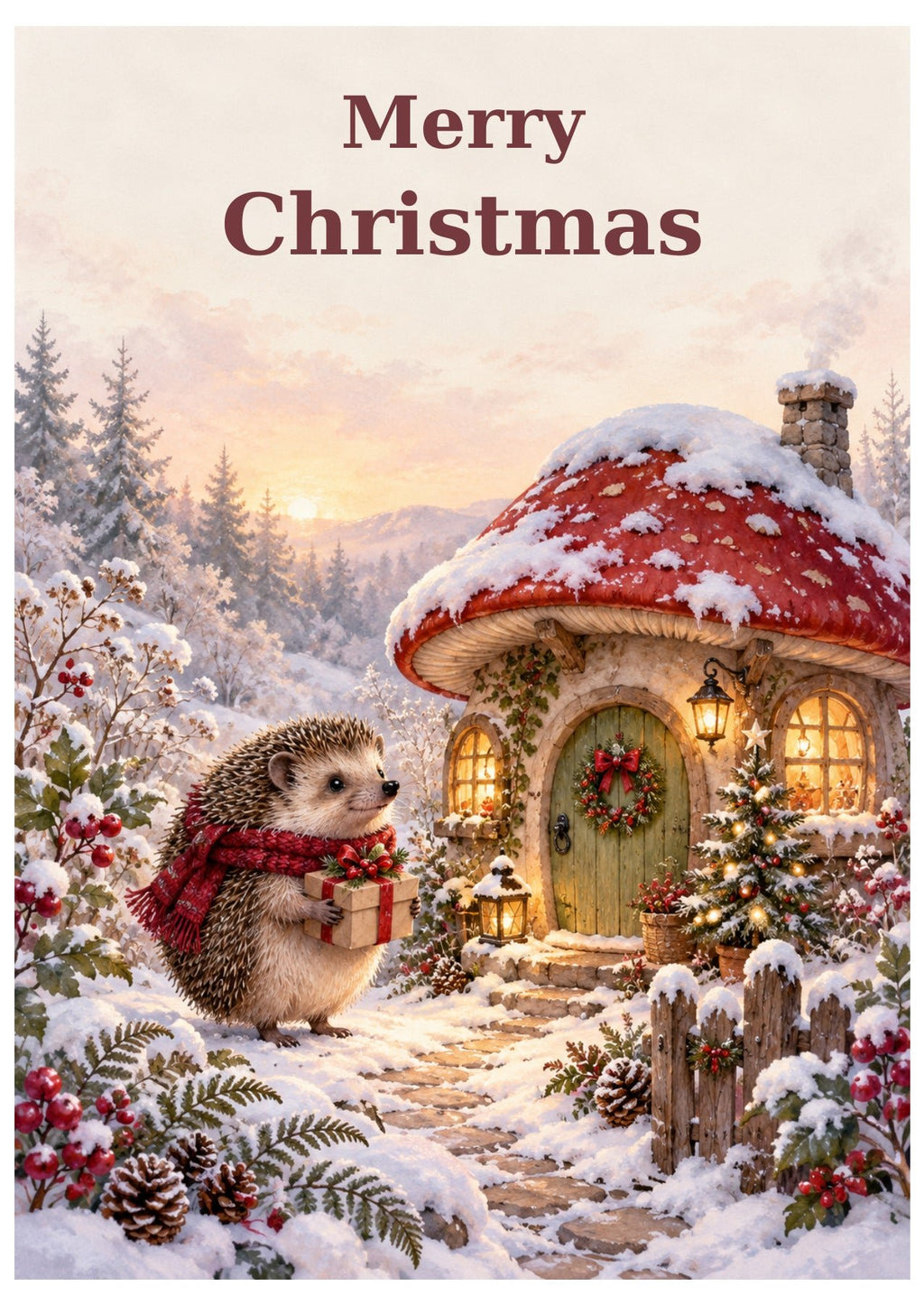 Hedgehog and cottage Christmas card with Merry Christmas lettering.