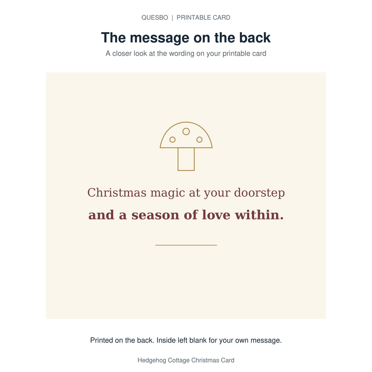 Printed message on the back of the PDF card: Christmas magic at your doorstep and a season of love within. The inside is blank for your own handwritten message.