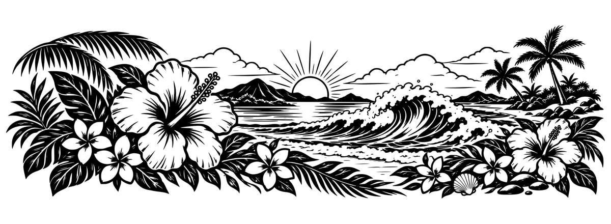 Hibiscus Sunrise Surf: black-and-white panoramic laser engraving artwork, design only.