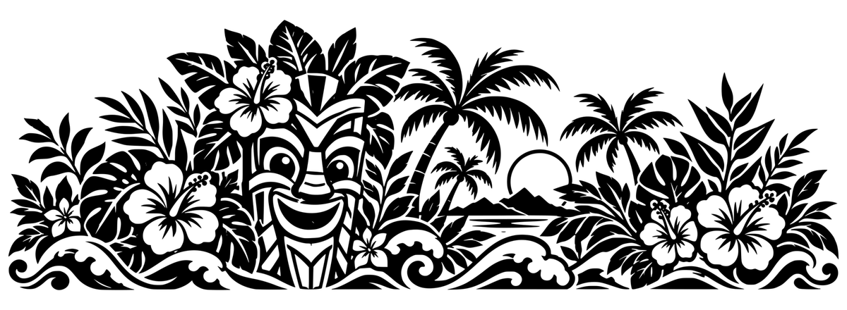 Hibiscus Tiki Grove black-and-white panoramic engraving design with tropical craft-inspired motifs; design only