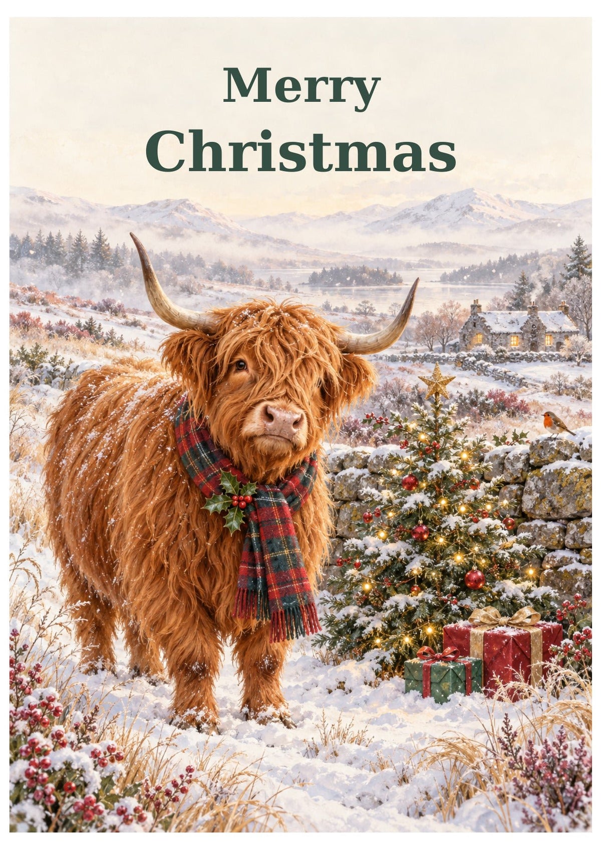 Highland cow Christmas card with Merry Christmas lettering.