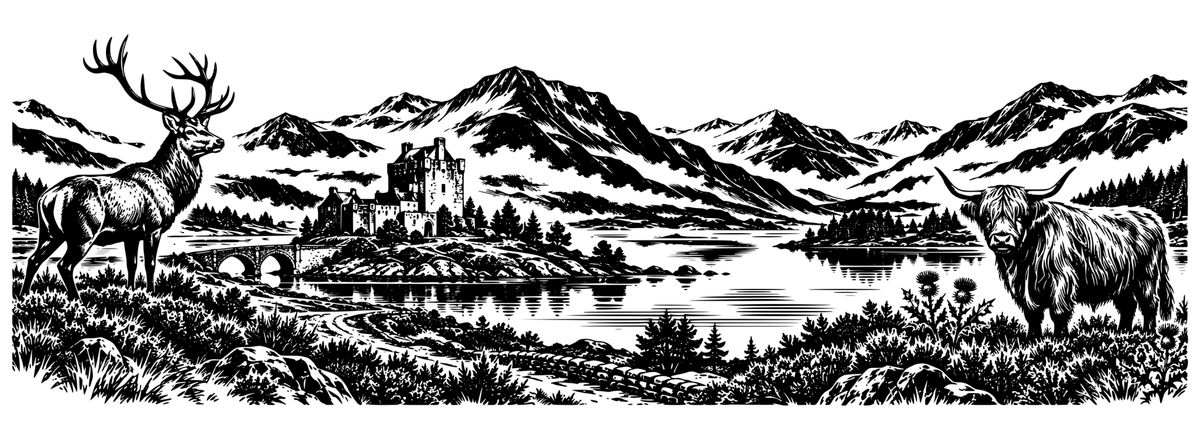 Highland Wanderer panoramic engraving artwork with a stag, Highland cow, Scottish castle, loch and mountains; artwork only
