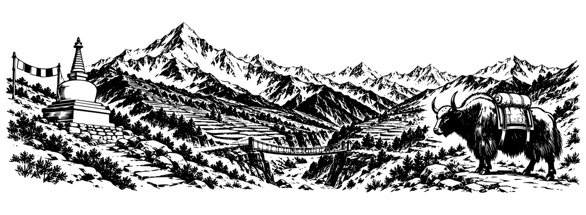 Himalayan Journey panoramic black-and-white engraving design showing Himalayan ridges, terraced valley, stupa, bridge, yak and blank flags; artwork only