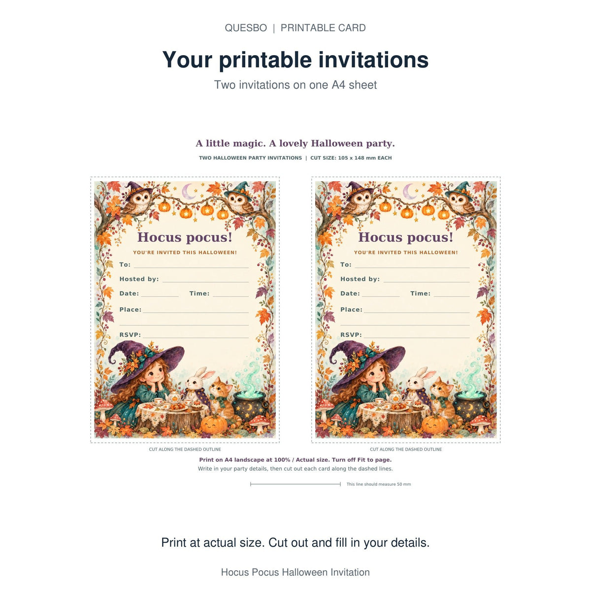 PDF print layout for Hocus Pocus Halloween Invitation, showing two invitations and the wording and blank event-detail fields.