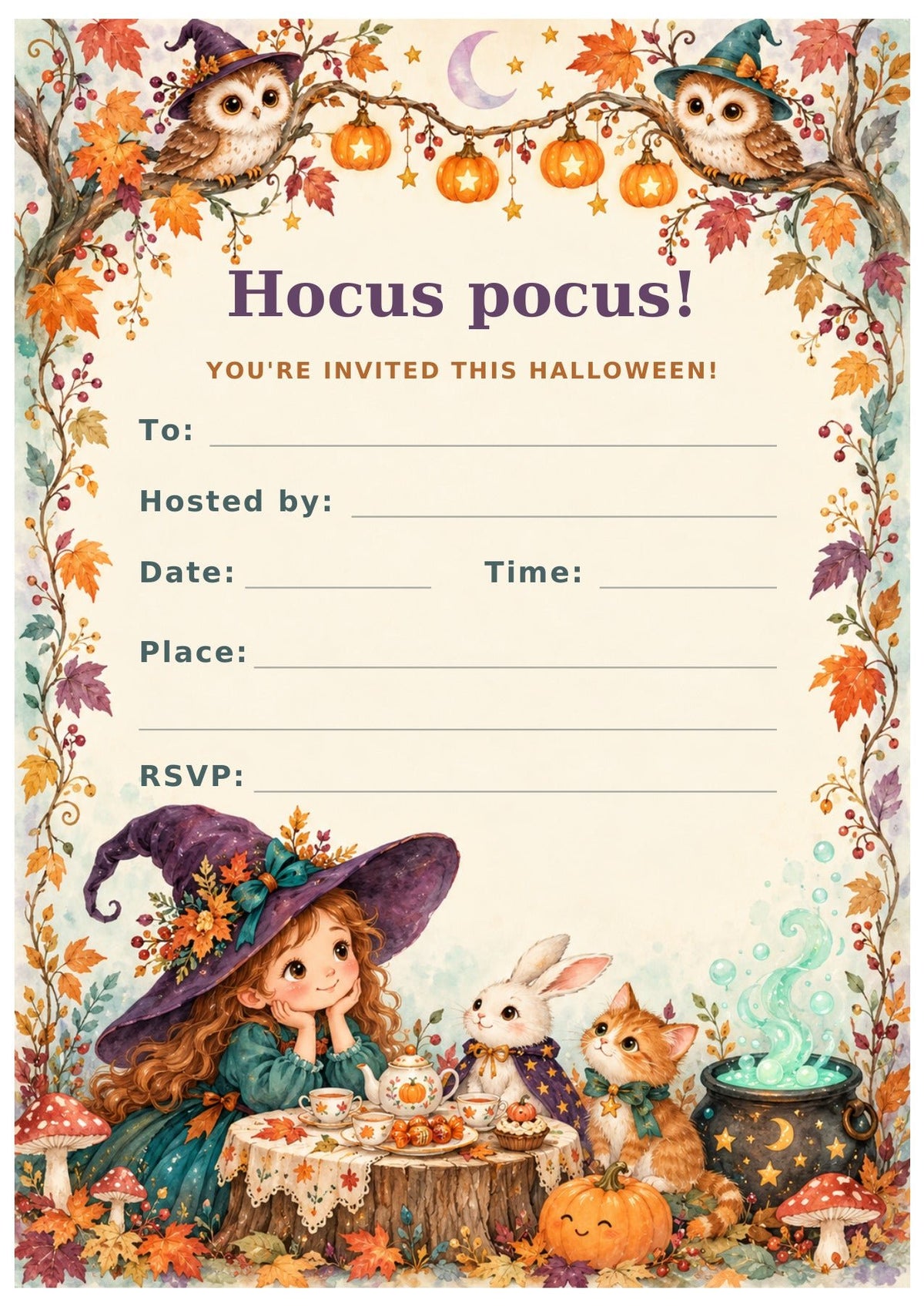 Hocus Pocus Halloween invitation with owls, pumpkin lights, a little witch and animal friends.