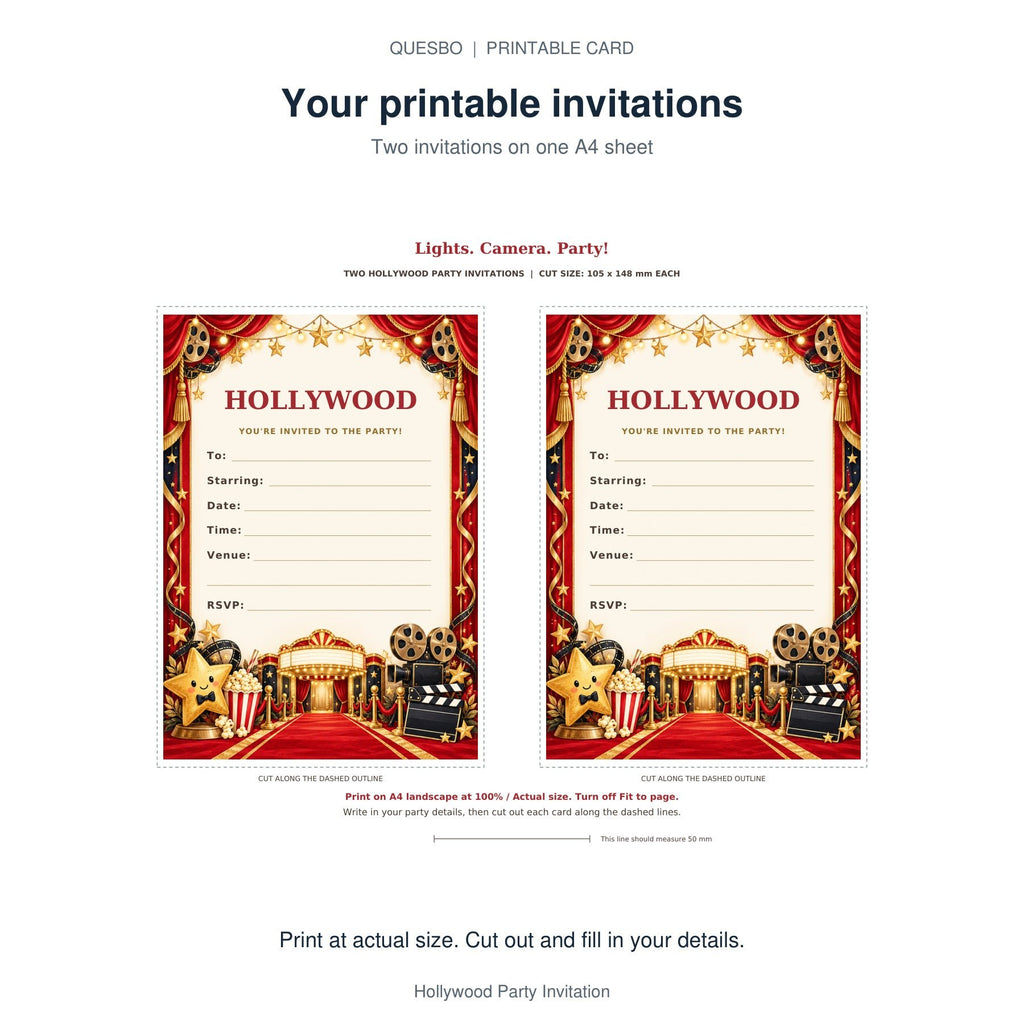 PDF print layout for Hollywood Party Invitation, showing two invitations and the wording and blank event-detail fields.