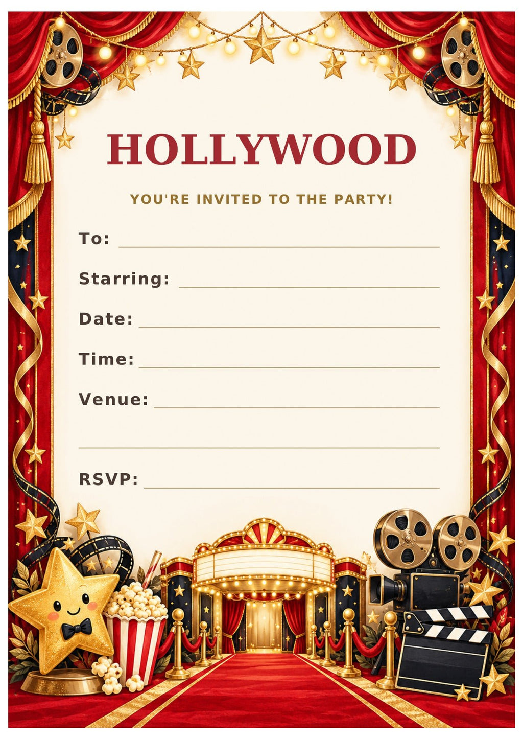 Hollywood party invitation with red curtains, film reels, gold stars, a red carpet and fill-in details.
