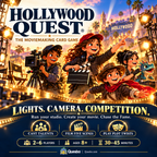 Hollywood Quest illustrated overview with young filmmakers, a camera, clapperboard and 'Lights. Camera. Competition.'