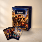 Hollywood Quest game box with three illustrated movie cards arranged in front on a pale surface.