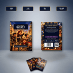 Hollywood Quest packaging shown from front and back with sample cards and card-count, player, age and duration icons.
