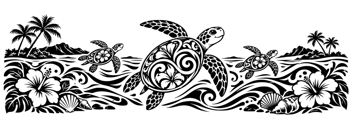 Honu Island Journey black-and-white panoramic engraving design with tropical craft-inspired motifs; design only