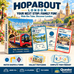 HOPABOUT London illustrated overview with a red Underground train, city landmarks, game box and travel cards.