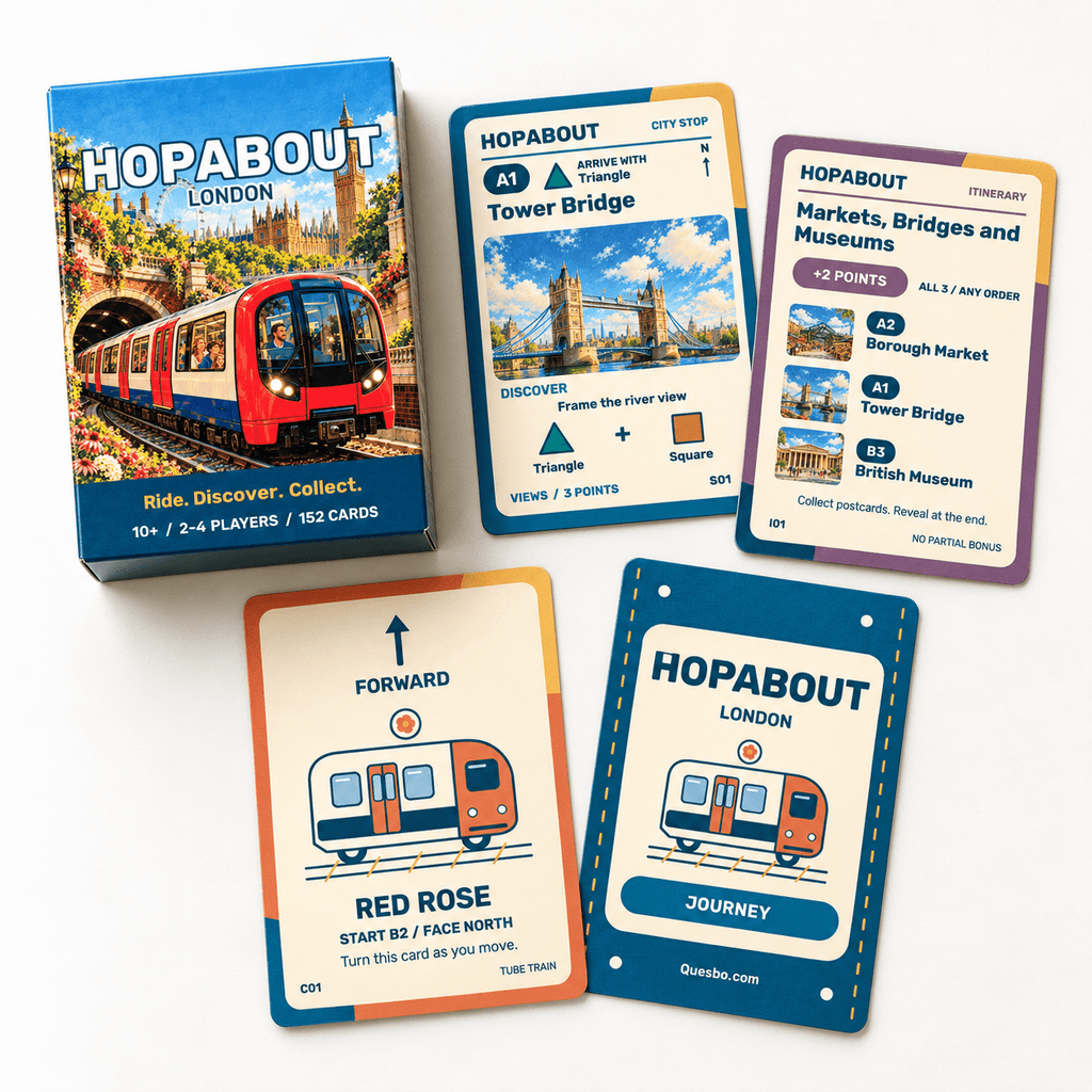HOPABOUT™ London – Family Tube Adventure Card Game, Ages 10+ - Quesbo