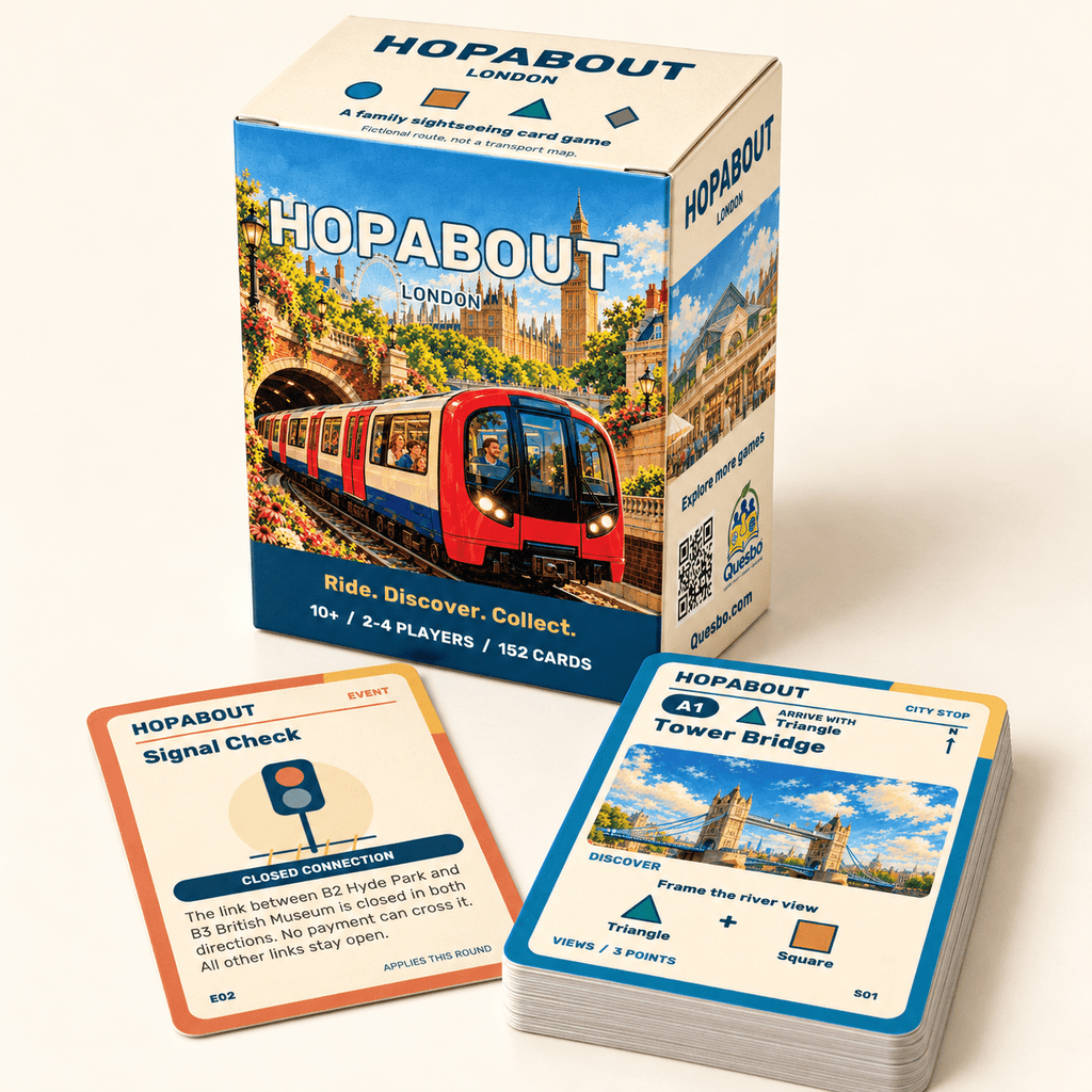 HOPABOUT™ London – Family Tube Adventure Card Game, Ages 10+ - Quesbo