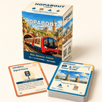 HOPABOUT London game box with Underground train artwork beside Signal Check and Tower Bridge cards.