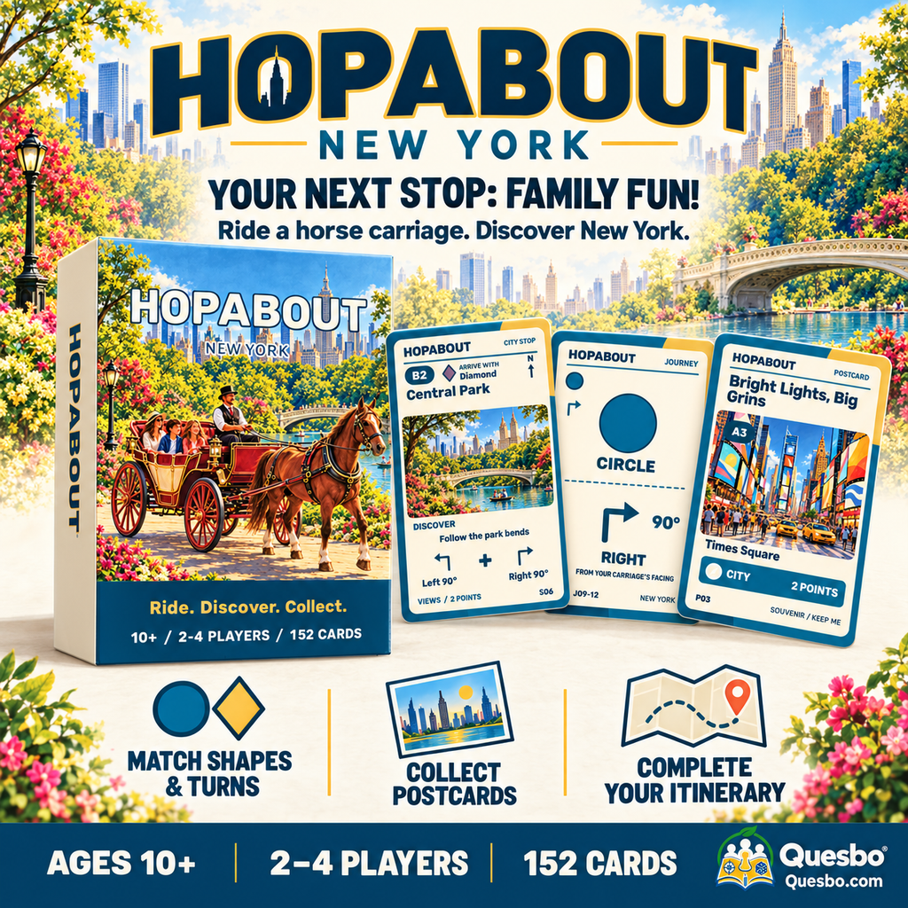 HOPABOUT New York illustrated overview with a horse-drawn carriage in Central Park, game box and sightseeing cards.