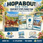 HOPABOUT New York illustrated overview with a horse-drawn carriage in Central Park, game box and sightseeing cards.