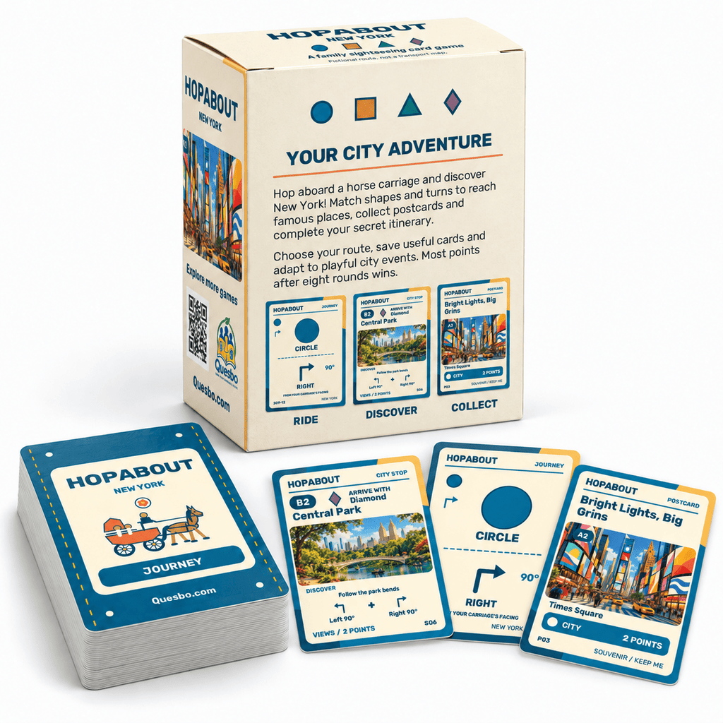 Back of the HOPABOUT New York box beside a journey deck, Central Park, Circle and Times Square postcard cards.