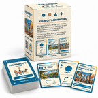 Back of the HOPABOUT New York box beside a journey deck, Central Park, Circle and Times Square postcard cards.