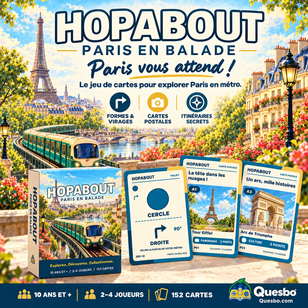 HOPABOUT™ – Paris en balade | Jeu de cartes familial dès 10 ans (FRENCH EDITION - EDITION EN FRANCAIS) - Quesbo