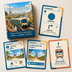 HOPABOUT Paris en balade box with Circle journey, Eiffel Tower location and postcard cards and a Métro train card.