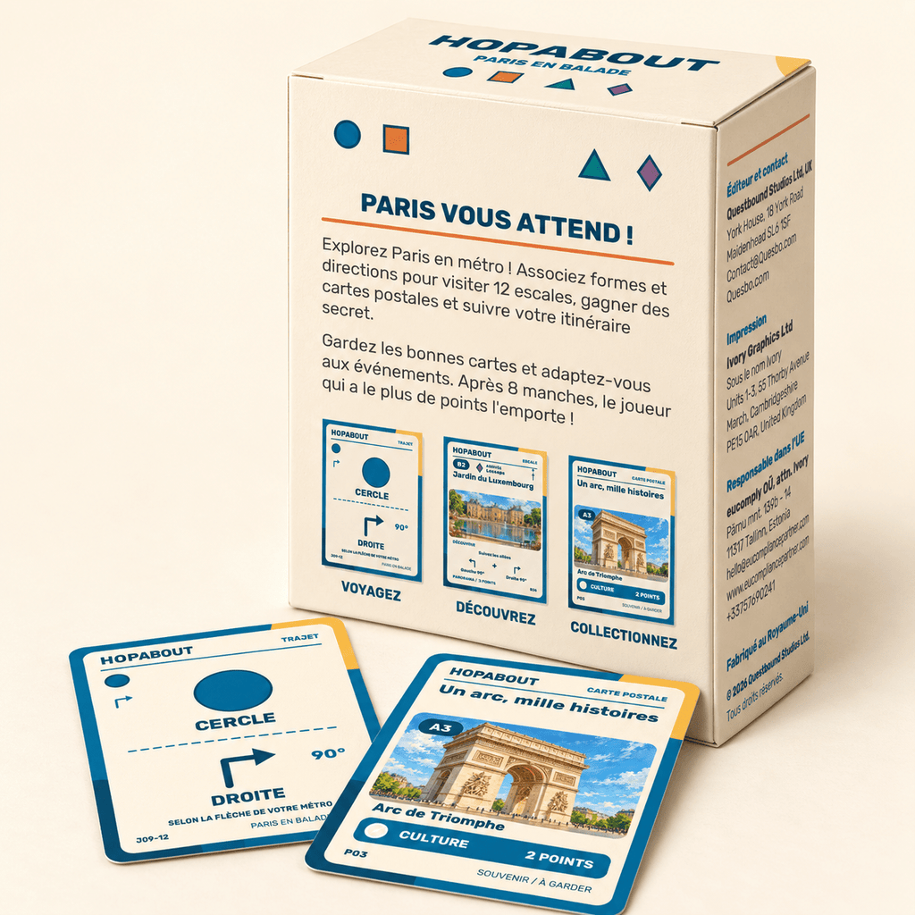 HOPABOUT™ – Paris en balade | Jeu de cartes familial dès 10 ans (FRENCH EDITION - EDITION EN FRANCAIS) - Quesbo