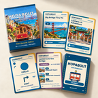 HOPABOUT San Francisco box with Golden Gate Bridge and Chinatown postcards, a Circle journey card and itinerary card.
