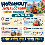 HOPABOUT San Francisco how-to-play guide illustrating events, travelling, collecting postcards and planning the next trip.