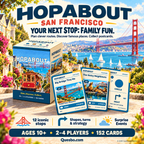 HOPABOUT San Francisco illustrated overview with a cable car, Golden Gate Bridge, game box and sightseeing cards.