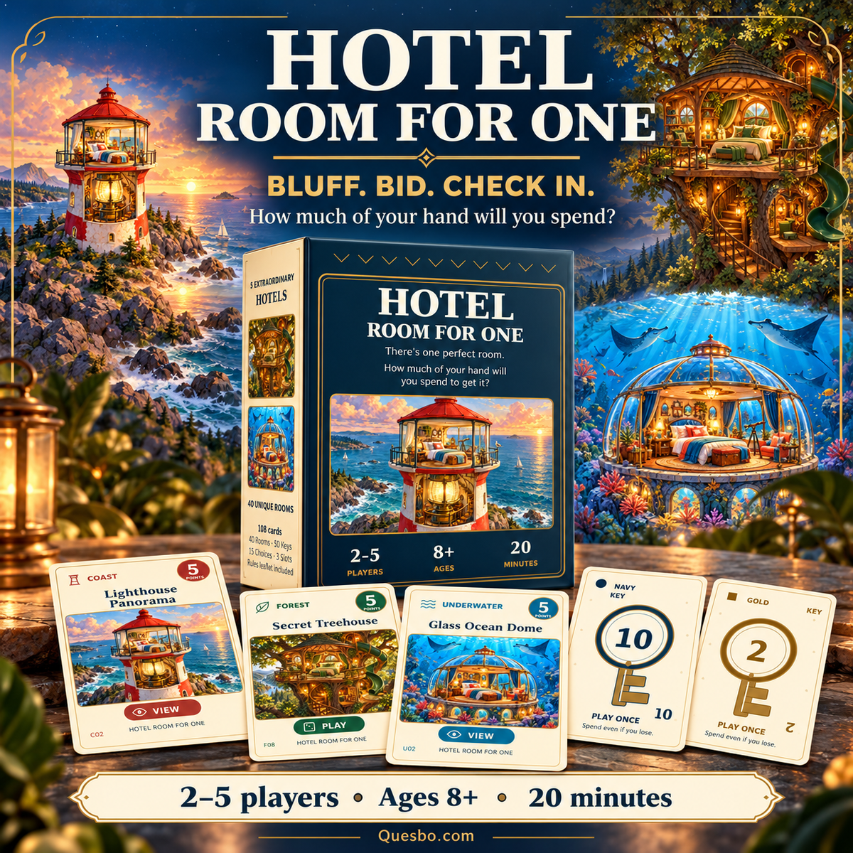 HOTEL ROOM FOR ONE — Family Strategy & Bluffing Card Game | Ages 8+ - Quesbo