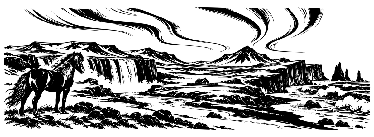 Iceland Afterglow panoramic black-and-white engraving design showing Icelandic waterfall, sea stacks, turf cottage, horse and aurora ribbons; artwork only