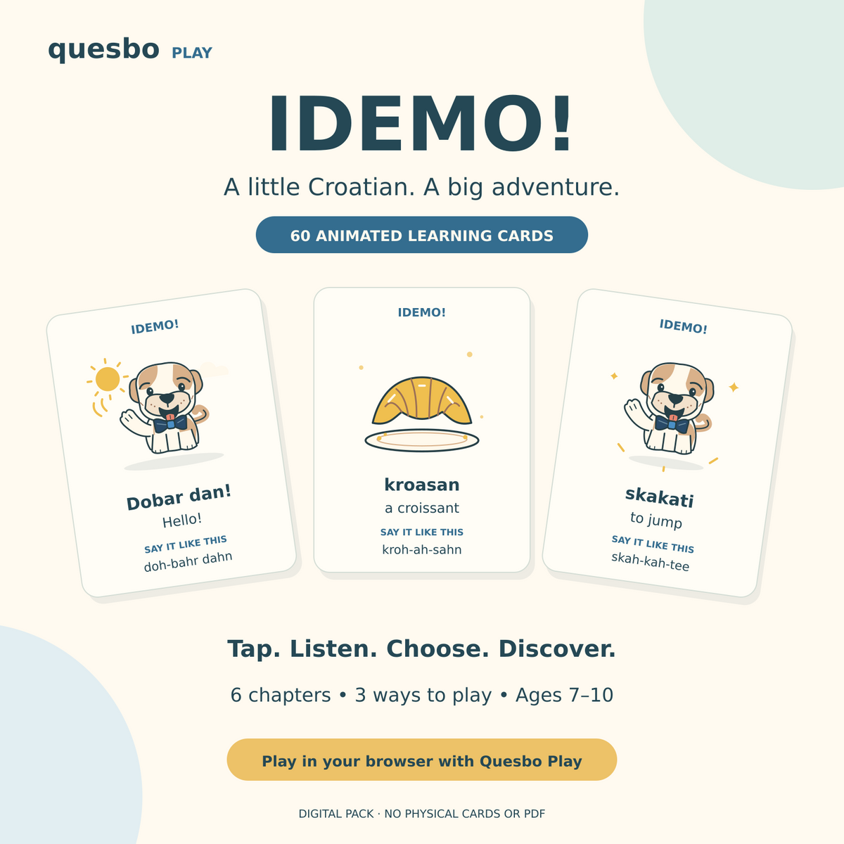 IDEMO! 60 animated Croatian learning cards with English meanings and printed-style pronunciation cues.