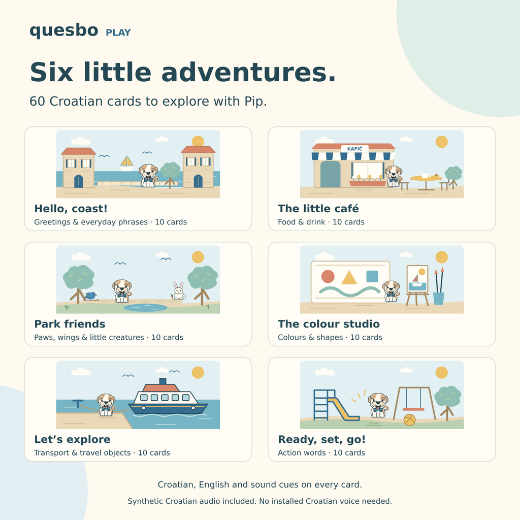 Six Croatian adventures with Pip: greetings, café, park animals, colours, travel and actions.