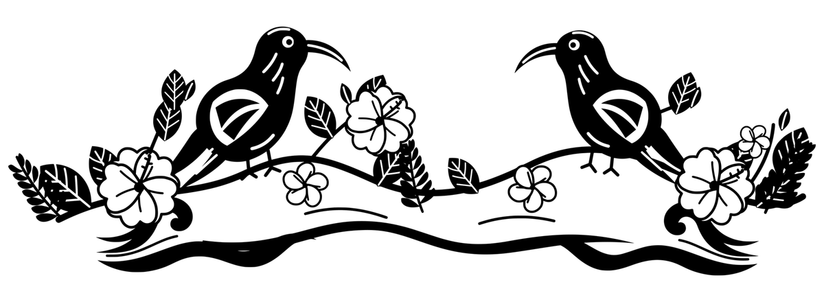 Iiwi Ocean Serenade: black-and-white panoramic engraving design. Curved-bill birds, flowering branches and flowing water.