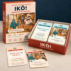 IKŌ! Japanese game box and open card tray with greeting, croissant order and illustrated bakery cards.